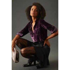 Anthropologie Pilcro Relaxed Velvet Button Down Blouse Purple XL Grunge Whimsy